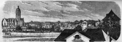 Zicht op de wijk van de stad Kastrich, in Mainz (Duitsland), voor de explosie van het kruitvat in 1857. Van een foto. Gravure in 