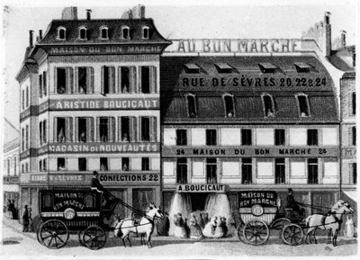 Uitzicht op de buitenkant van de Bon Marché winkels, rue de Sèvres, Parijs, c.1869 door French School