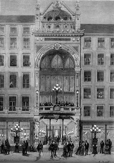 Gezicht op de gevel van het Bellecour-theater in Lyon, gebouwd door Jules Chatron in 1879. Gravure in 