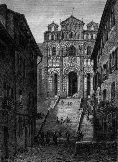 Gezicht op de gevel van de Kathedraal Notre Dame du Puy en Velay, Haute Loire door French School