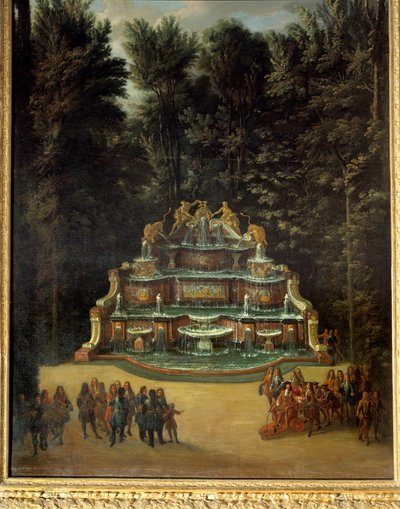 Uitzicht op de fontein van het Water Buffet in de tuinen van het Grand Trianon in 1713. Op de voorgrond: Lodewijk XIV tijdens de Promenade Schilderij van Charles Chatelain. 18e eeuw. Dim. 2,96x1,42 m. Versailles, Kastelen van Versailles en Trianon door French School