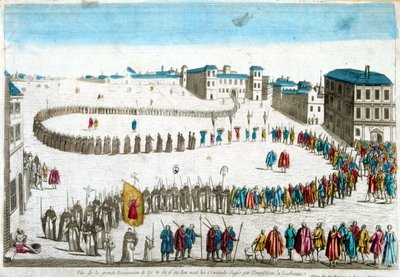 Zicht op de grote processie van de autodafé waar we de criminelen zien die door de Inquisitie in Lissabon zijn berecht - gravure door French School