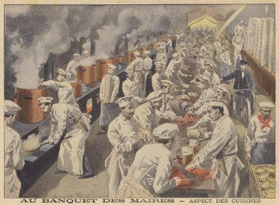 Uitzicht op de keukens voor het banket van de burgemeesters van Frankrijk door French School