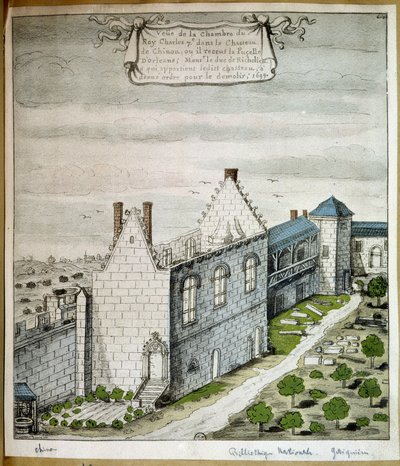 Zicht op de kamer van koning Karel VII in het kasteel van Chinon, waar hij de maagd van Orléans ontving - aquarel door French School