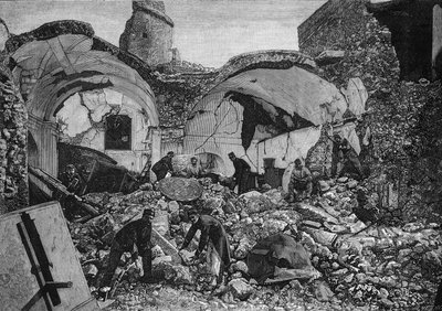Uitzicht op de ruïnes van de Chiese del Purgatorio, verwoest tijdens de aardbeving van 1881 op het eiland Ischia (Italië). Gravure door Quesnel in 