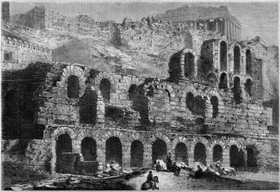 Zicht op de ruïnes van het Odeon van Herodes Atticus (gebouwd in 161 na Christus) in Athene, Griekenland door French School