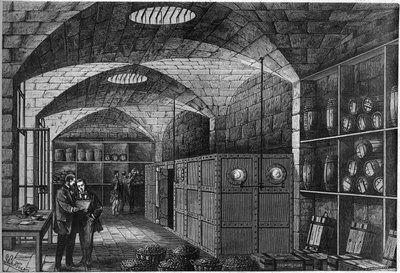 Uitzicht op de aanscherping, gelegen in de kelders van het Louvre, waar het zilver bestemd voor Duitsland wordt opgeslagen. Frankrijk moest schadevergoeding betalen voor zijn nederlaag tijdens de oorlog van 1870. Parijs door French School