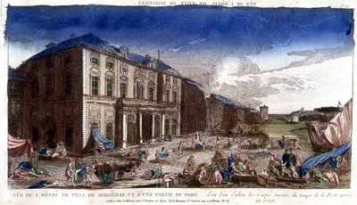 Zicht op het stadhuis van Marseille en een deel van de haven, vanwaar de dode lichamen tijdens de pest in 1720 aankwamen - gravure door French School