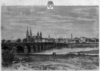 Uitzicht op de stad Moulins in de Allier. Gravure uit 1880 in 