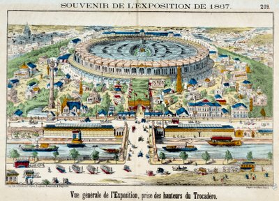 Uitzicht op de wereldtentoonstelling vanaf het Trocadero in Parijs. 1867 Gravure. Parijs, carnavalsmuseum door French School