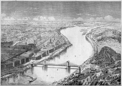 Gezichten van de stad Pesth (Pest), hoofdstad van Hongarije, in 1861, en van de Szechenyi-brug, of Kettingbrug, gebouwd tussen 1840 en 1849. Gravure in 