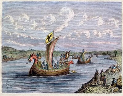 Vikingboot - Drakkar - Normandische schepen op een rivier door French School