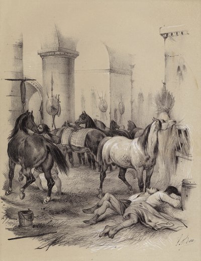 Vikingen gebruiken de kathedraal van Karel de Grote in Aken als stal, 882 door French School