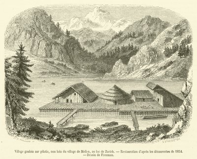 Gallisch dorp op palen, niet ver van het dorp Meilen, aan het meer van Zürich (gravure) door French School