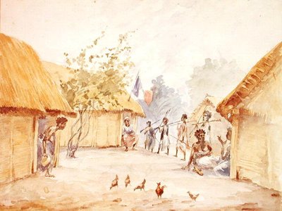 Dorp in Madagaskar ten tijde van de verovering door Frankrijk in 1895-96 door French School