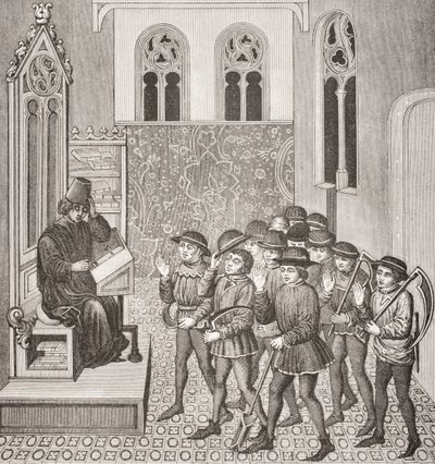 Schurken die de bevelen van hun heer ontvangen voordat ze aan het werk gaan, naar een miniatuur in een 15e-eeuws manuscript, uit Le Moyen Age et La Renaissance door Paul Lacroix (1806-84) gepubliceerd in 1847 door French School