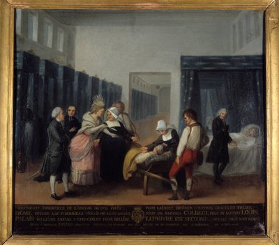 Bezoek van de heer en mevrouw Necker aan het Invalides-ziekenhuis - Franse School, Museum van Openbare Hulp, eind 18e eeuw door French School