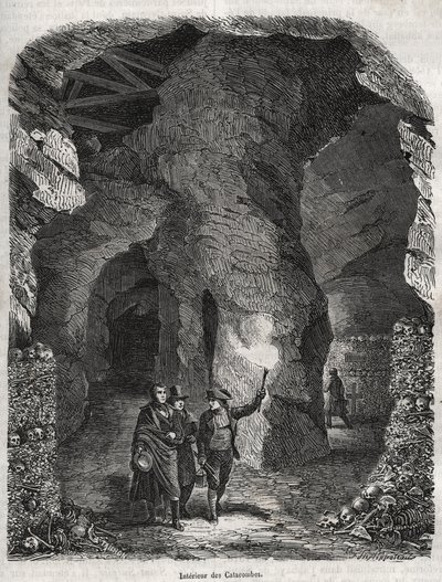 Bezoek aan de Catacomben van Parijs in de 19e eeuw - Gravure in 