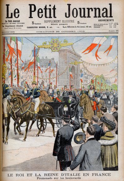 Bezoek van de koning en koningin van Italië aan Frankrijk. De koning en koningin van Italië in Frankrijk. Promenade op de boulevards met de president van de Franse Republiek Emile Loubet - Illustratie voor Le Petit Journal, 25 oktober 1903 - Victor Emmanue door French School