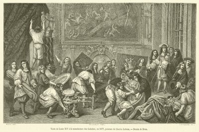 Bezoek van Lodewijk XIV aan de Gobelins-manufactuur, in 1677 door French School