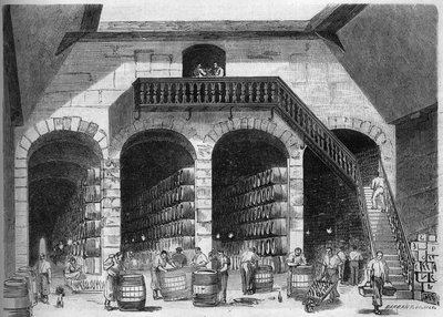 Wijnbouw: interieur van de chaix en kelders van M. Cruse et fils frères, Bordeaux, Gironde (33) door French School