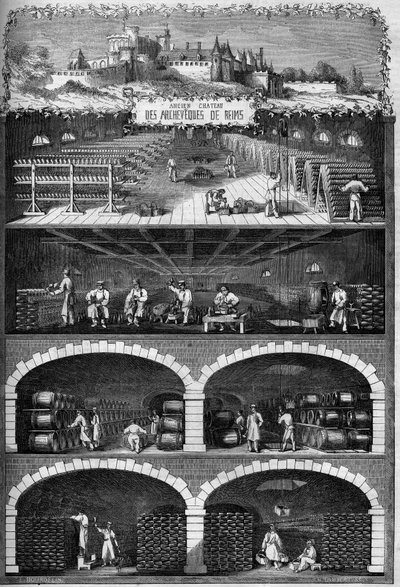 Wijnbouw: uitzicht op de champagnekelders in de kelders van het oude kasteel van de aartsbisschoppen van Reims, Marne door French School