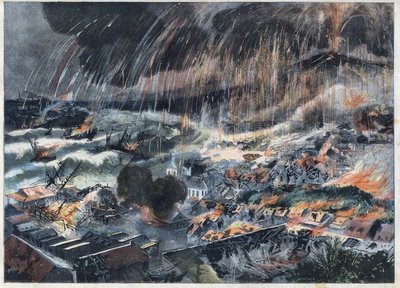 Vulkaanuitbarsting van de Pelee-berg op Martinique: de vulkaan vernietigde de stad Saint Pierre. Gravure in 