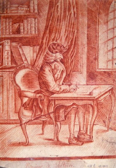 Voltaire (1694-1778) schrijvend in zijn studeerkamer, ca. 1765-75 (rode krijt op papier) door French School