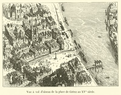 Vogelvlucht van de Place de Greve in de 15e eeuw door French School