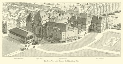Vogelvlucht van het Chatelet in 1750 door French School