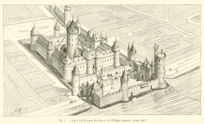 Vogelvluchtzicht op het Louvre van Philippe-Auguste, voor 1362 door French School