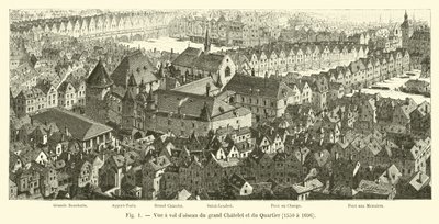 Vogelvlucht van het grote Chatelet en de wijk, 1550 tot 1696 door French School