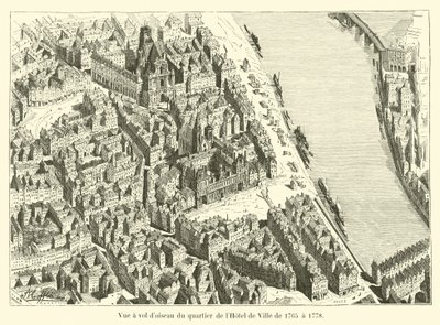 Vogelvlucht van de wijk van het stadhuis van 1765 tot 1778 door French School