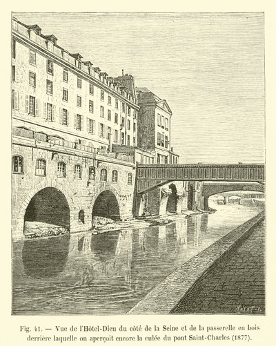 Uitzicht op het Hotel-Dieu vanaf de kant van de Seine en de houten loopbrug waarachter nog de pijler van de Saint-Charles brug te zien is, 1877 door French School