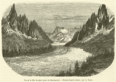 Uitzicht op de Mer de Glace vanaf Montanvert (gravure) door French School
