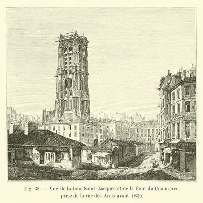 Zicht op de Saint-Jacques toren en de Cour du Commerce, vanaf de rue des Arcis voor 1830 door French School