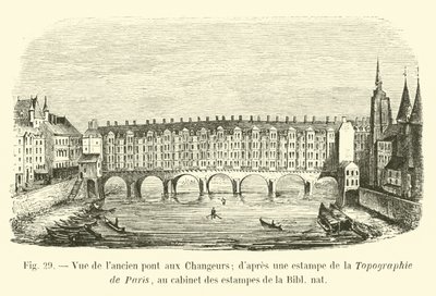 Zicht op de oude Pont aux Changeurs, naar een prent uit de Topografie van Parijs, in de prentenkabinet van de Bibl nat door French School