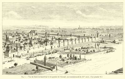 Uitzicht op het hotel van Sint-Paul en de wijk van het Arsenaal, aan het begin van de 15e eeuw door French School