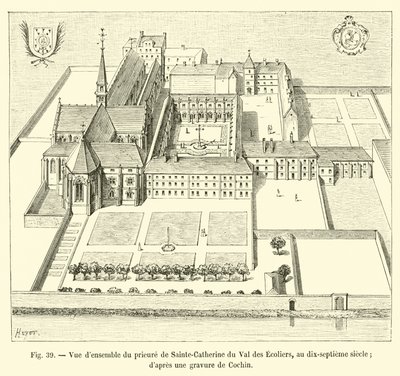 Overzicht van het prioraat van Sainte-Catherine du Val des Ecoliers, in de zeventiende eeuw; naar een gravure van Cochin door French School