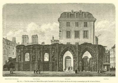 Uitzicht op de ruïnes van het Hotel-Dieu na de brand van 1772; naar een tekening uit die tijd verstrekt door baron Pichon door French School