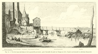 Uitzicht op de torens van het paleis en de tijdelijke loopbrug, na de brand van de Pont au Change in 1621, naar een tekening uit de collectie Bonnardot door French School