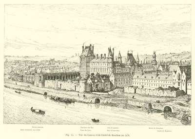 Zicht op het Louvre en het hotel van Bourbon in 1576 door French School