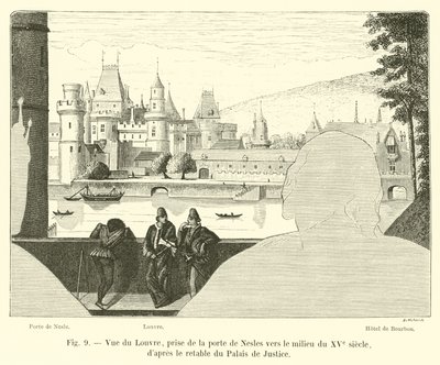 Zicht op het Louvre, vanaf de poort van Nesles rond het midden van de 15e eeuw, naar het altaarstuk van het Paleis van Justitie door French School