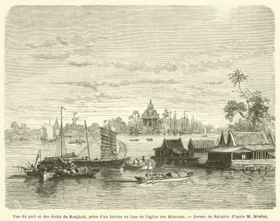 Uitzicht op de haven en dokken van Bangkok, genomen vanaf een boot tegenover de kerk van de Missies door French School