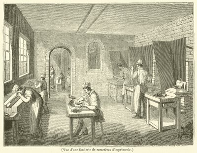 Uitzicht op een lettergieterij (gravure) door French School