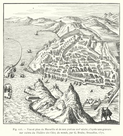Uitzicht en plattegrond van Marseille en zijn haven in de 16e eeuw; naar een kopergravure uit het Theatre des Citez du monde, door G Bruin; Brussel door French School