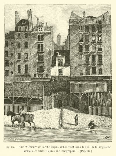 Buitenzicht van de Arche Popin, uitkomend onder de kade van de Mégisserie gesloopt in 1840, naar een lithografie door French School