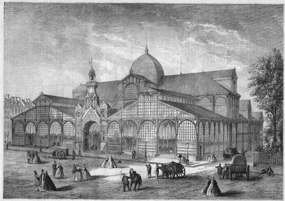 Buitenaanzicht van de markt van de Tempel in Parijs door French School