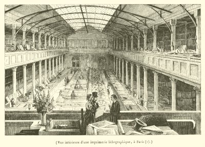 Binnenaanzicht van een lithografische drukkerij in Parijs (gravure) door French School