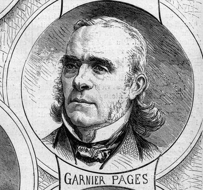 Oorlog van 1870 - Regering van de Nationale Defensie: portret van Louis Antoine Garnier Pages (Garnier-Pages) (1803-1878), lid van de voorlopige regering van 1870. Gravure in "Le Monde Illustré" n°706 van 22 oktober door French School